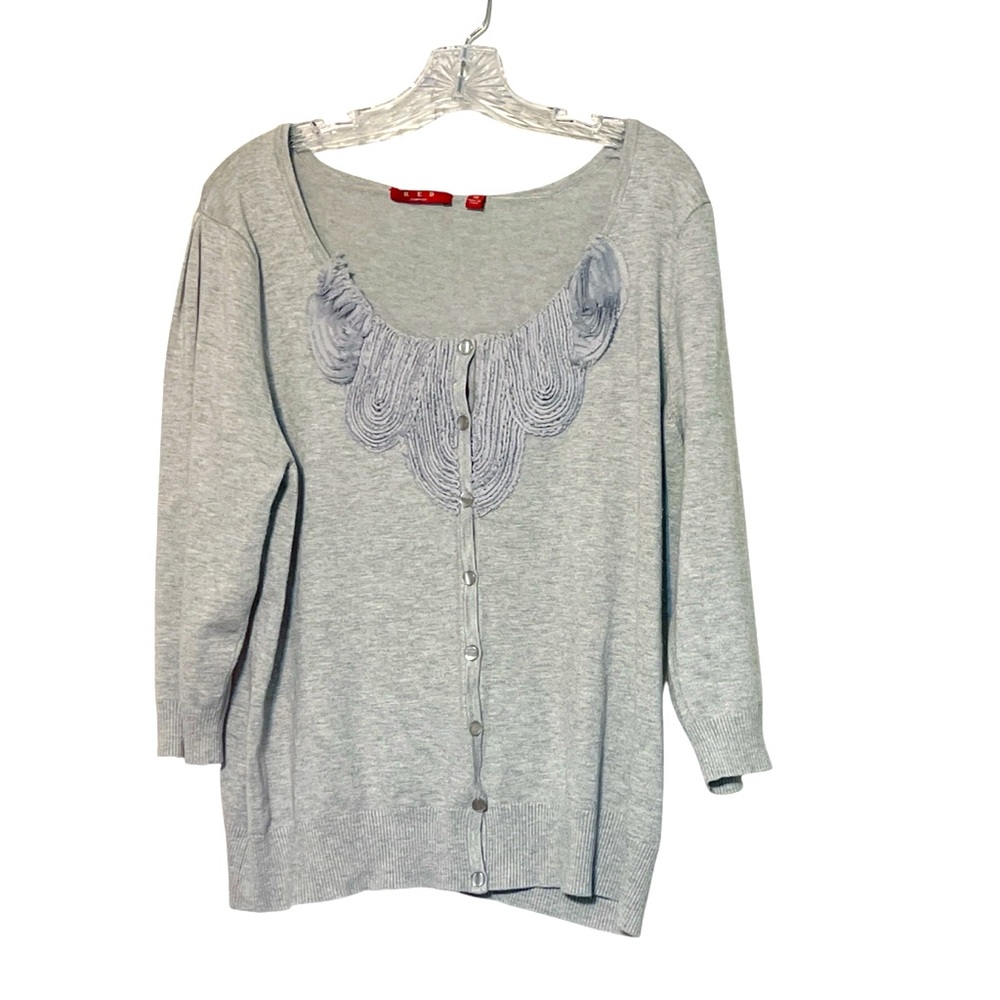 Red Ruffle Embellished Cardigan with Pearl Buttons Sz 2X Gray Coquette R…